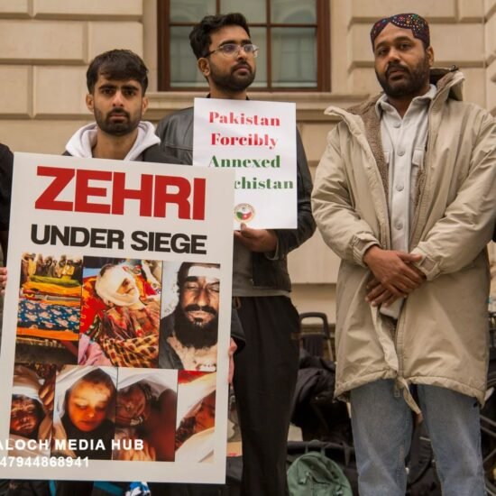 BNM Protest in London Against State Atrocities on Baloch People — JSFM Stands in Solidarity London, 18 October 2025 — A protest organized by the Baloch National Movement (BNM) was held in London today against Pakistan’s ongoing military operations, enforced disappearances, and human rights violations in Zehri, Balochistan. The demonstration was joined by Chairman of Jeay Sindh Freedom Movement (JSFM) Sohail Abro, along with Usama Soomro from JSFM Wales UK and other JSFM activists.