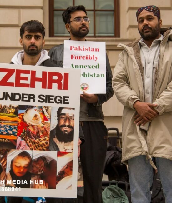 BNM Protest in London Against State Atrocities on Baloch People — JSFM Stands in Solidarity London, 18 October 2025 — A protest organized by the Baloch National Movement (BNM) was held in London today against Pakistan’s ongoing military operations, enforced disappearances, and human rights violations in Zehri, Balochistan. The demonstration was joined by Chairman of Jeay Sindh Freedom Movement (JSFM) Sohail Abro, along with Usama Soomro from JSFM Wales UK and other JSFM activists.