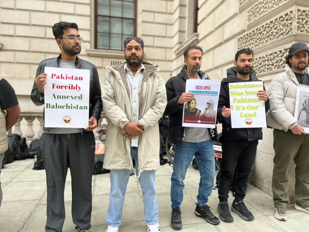 BNM Protest in London Against State Atrocities on Baloch People — JSFM Stands in Solidarity London, 18 October 2025 — A protest organized by the Baloch National Movement (BNM) was held in London today against Pakistan’s ongoing military operations, enforced disappearances, and human rights violations in Zehri, Balochistan. The demonstration was joined by Chairman of Jeay Sindh Freedom Movement (JSFM) Sohail Abro, along with Usama Soomro from JSFM Wales UK and other JSFM activists.