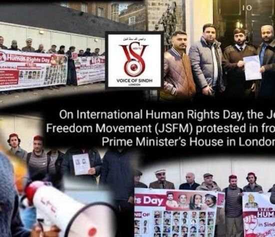 On International Human Rights Day, the Jeay Sindh Freedom Movement (JSFM) staged a major protest outside 10 Downing Street, the official residence of the British Prime Minister